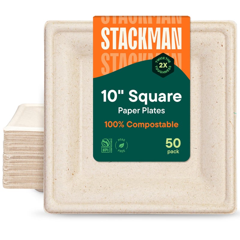 Stack Man 100% Compostable Square Paper Plates [50-Pack] - {PFAS-Free} - {BPI Certified} - [10 Inch] Heavy Duty, Eco-Friendly, Biodegradable Bagasse Dinner Plates - Natural Brown 10" Plate by Stack Man - Image 1